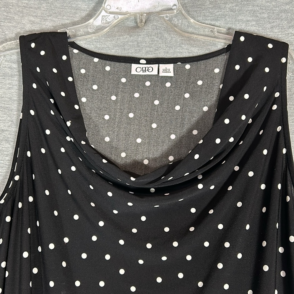 CATO Jersey Knit Polka Dot Extra Long Line Sleeveless Top with Cowl Style Front - Picture 3 of 13